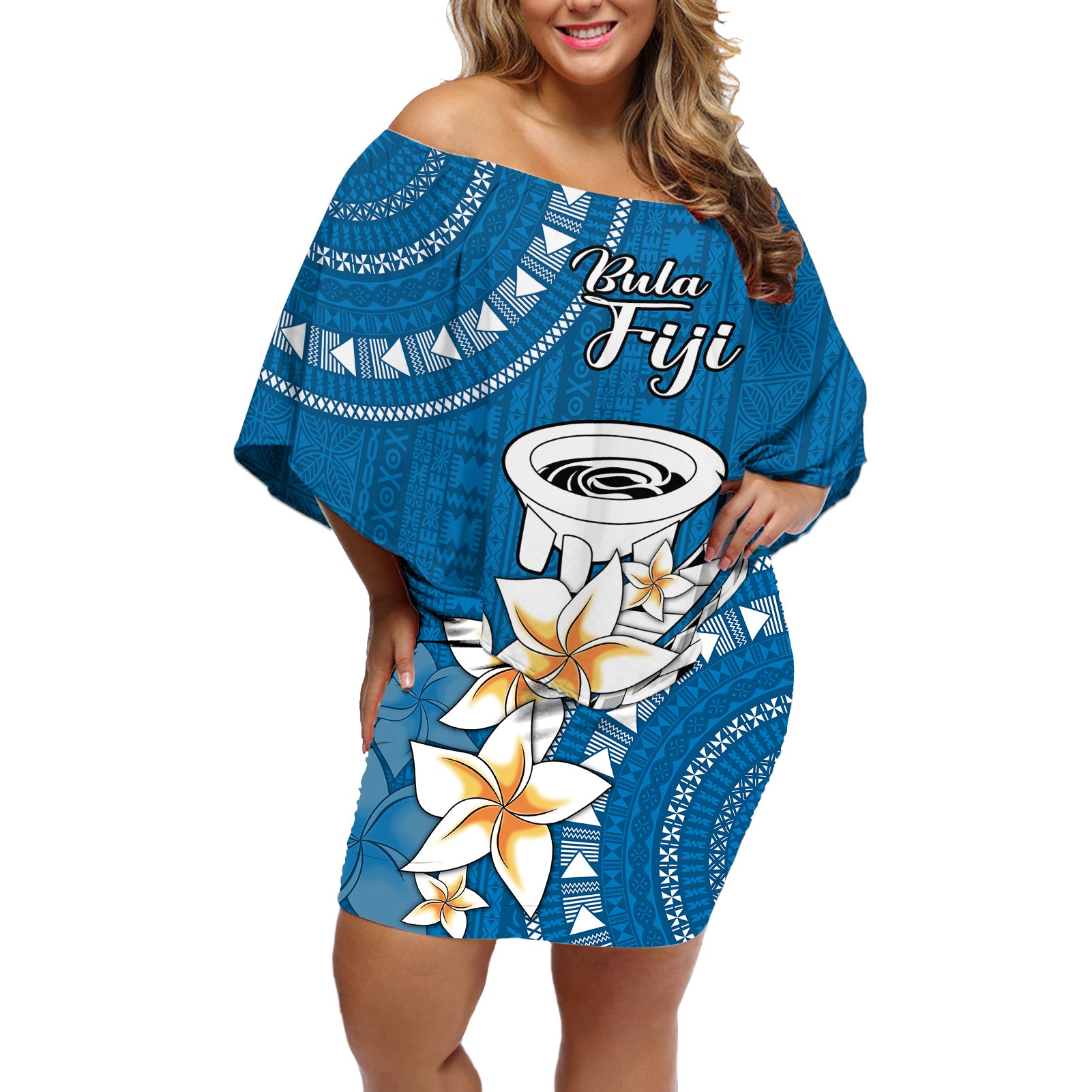 Bula Fiji Off Shoulder Short Dress Kava Bowl Tapa Tribal LT9 Women Blue - Polynesian Pride