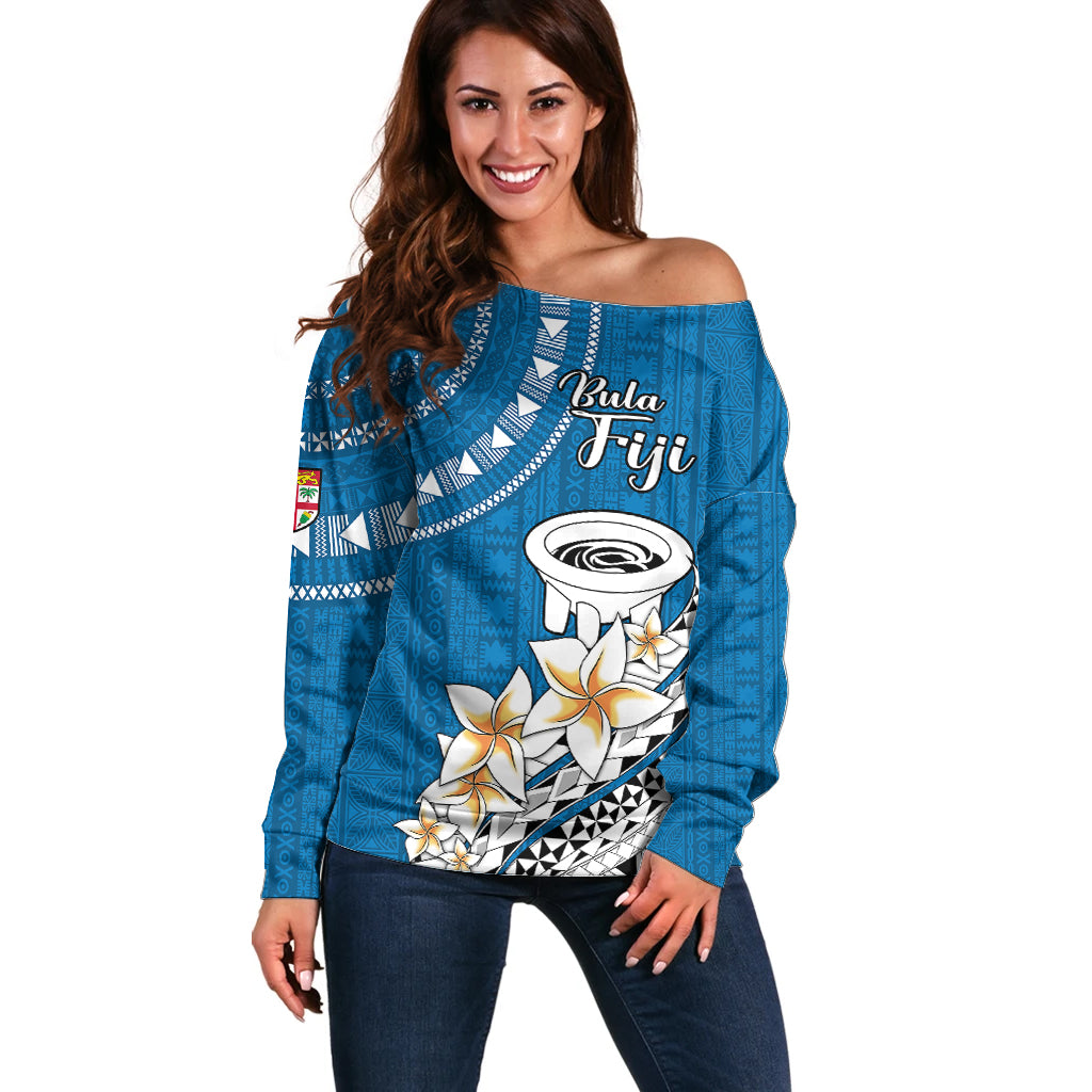 Bula Fiji Off Shoulder Sweater Kava Bowl Tapa Tribal LT9 Women Blue - Polynesian Pride