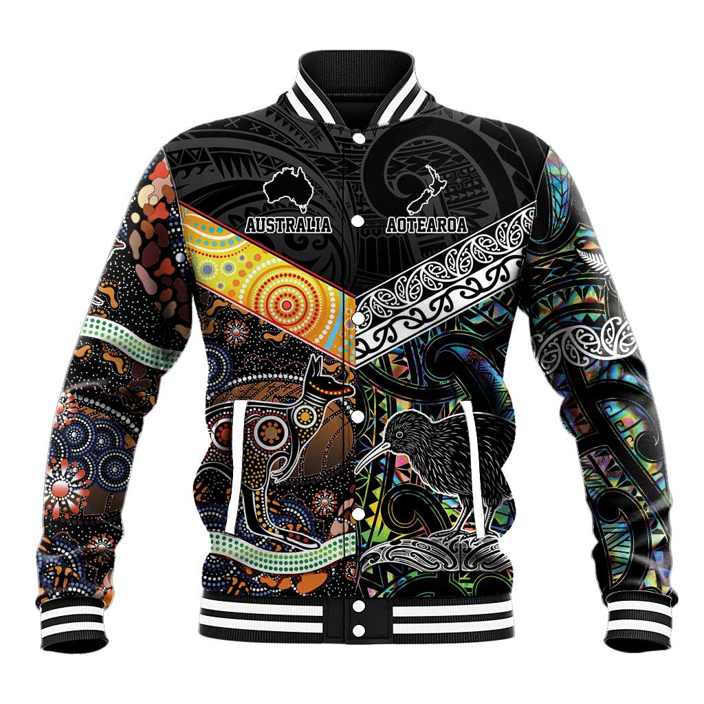 Personalised New Zealand and Australia Baseball Jacket Maori Mix Aboriginal Art Style LT9 Unisex Black - Polynesian Pride