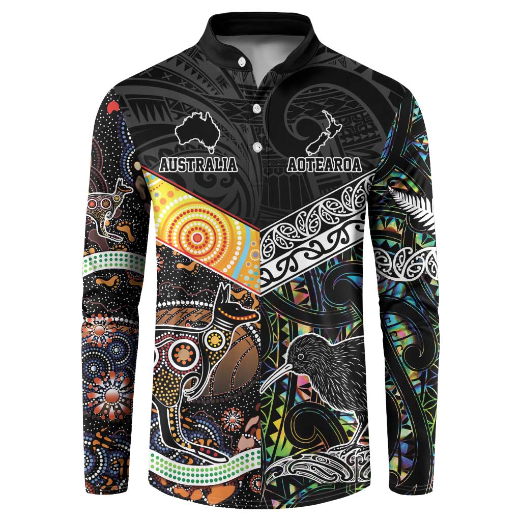 Personalised New Zealand and Australia Button Sweatshirt Maori Mix Aboriginal Art Style LT9 Black - Polynesian Pride