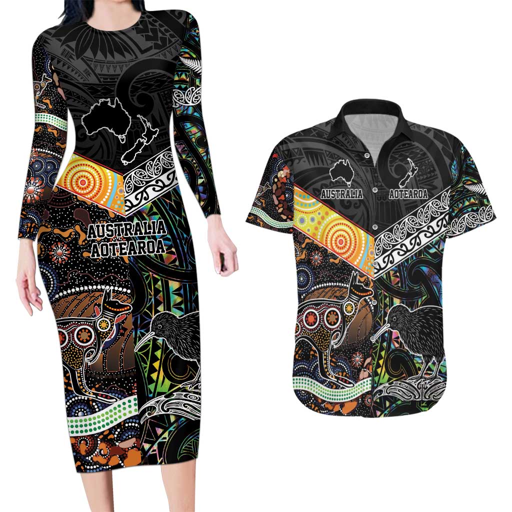 New Zealand and Australia Couples Matching Long Sleeve Bodycon Dress and Hawaiian Shirt Maori Mix Aboriginal Art Style