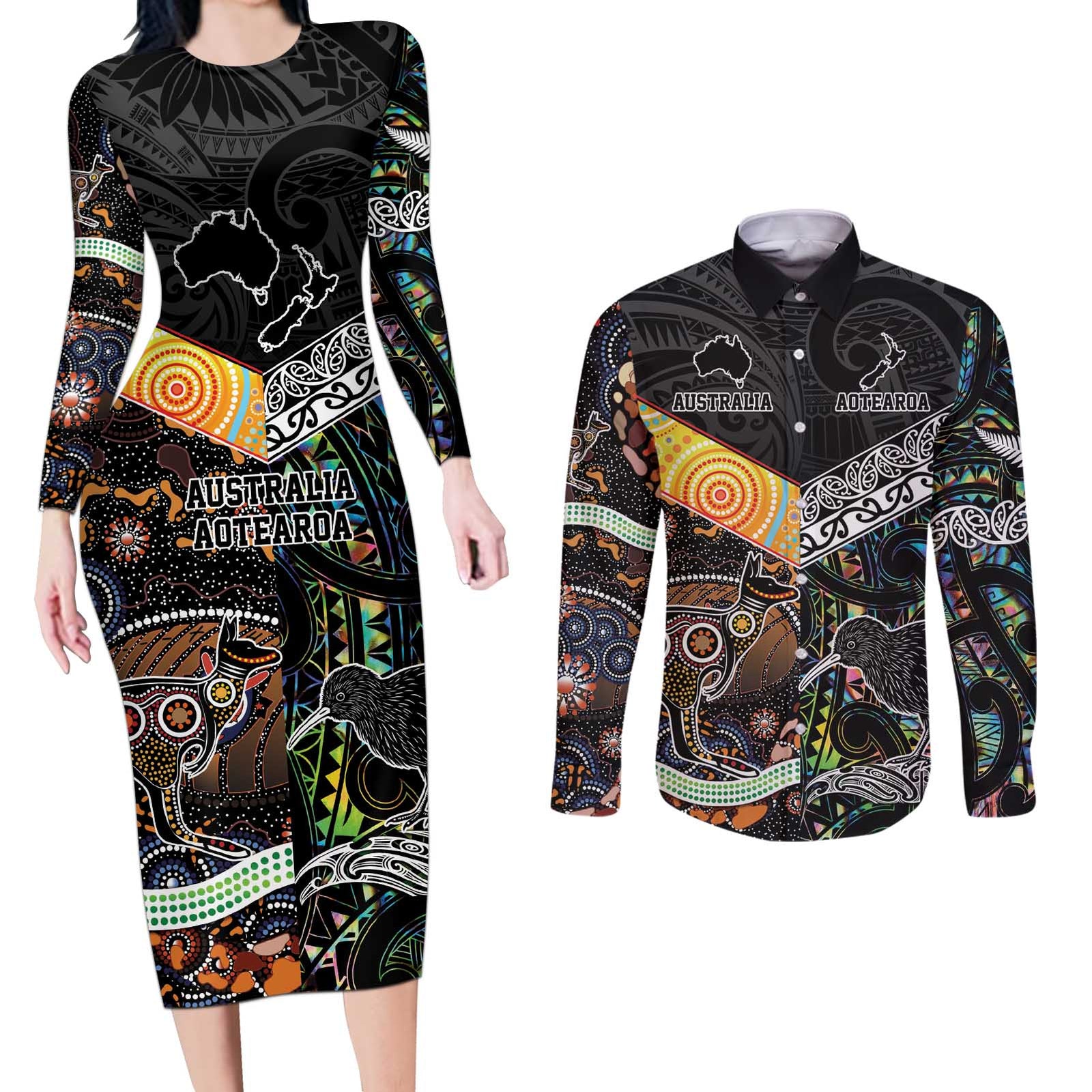 Personalised New Zealand and Australia Couples Matching Long Sleeve Bodycon Dress and Long Sleeve Button Shirt Maori Mix Aboriginal Art Style LT9 Black - Polynesian Pride