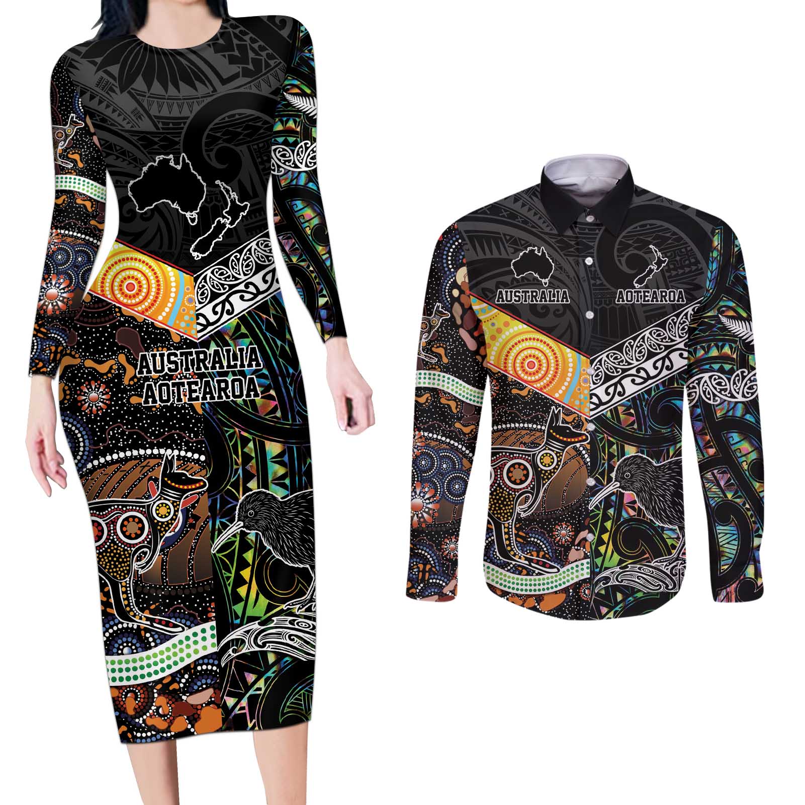 New Zealand and Australia Couples Matching Long Sleeve Bodycon Dress and Long Sleeve Button Shirt Maori Mix Aboriginal Art Style