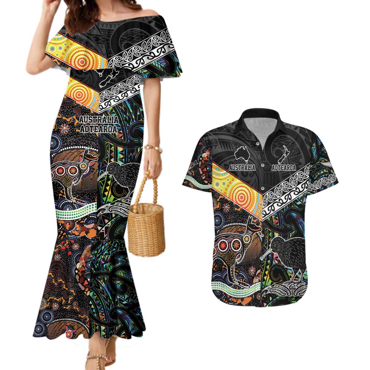 New Zealand and Australia Couples Matching Mermaid Dress and Hawaiian Shirt Maori Mix Aboriginal Art Style