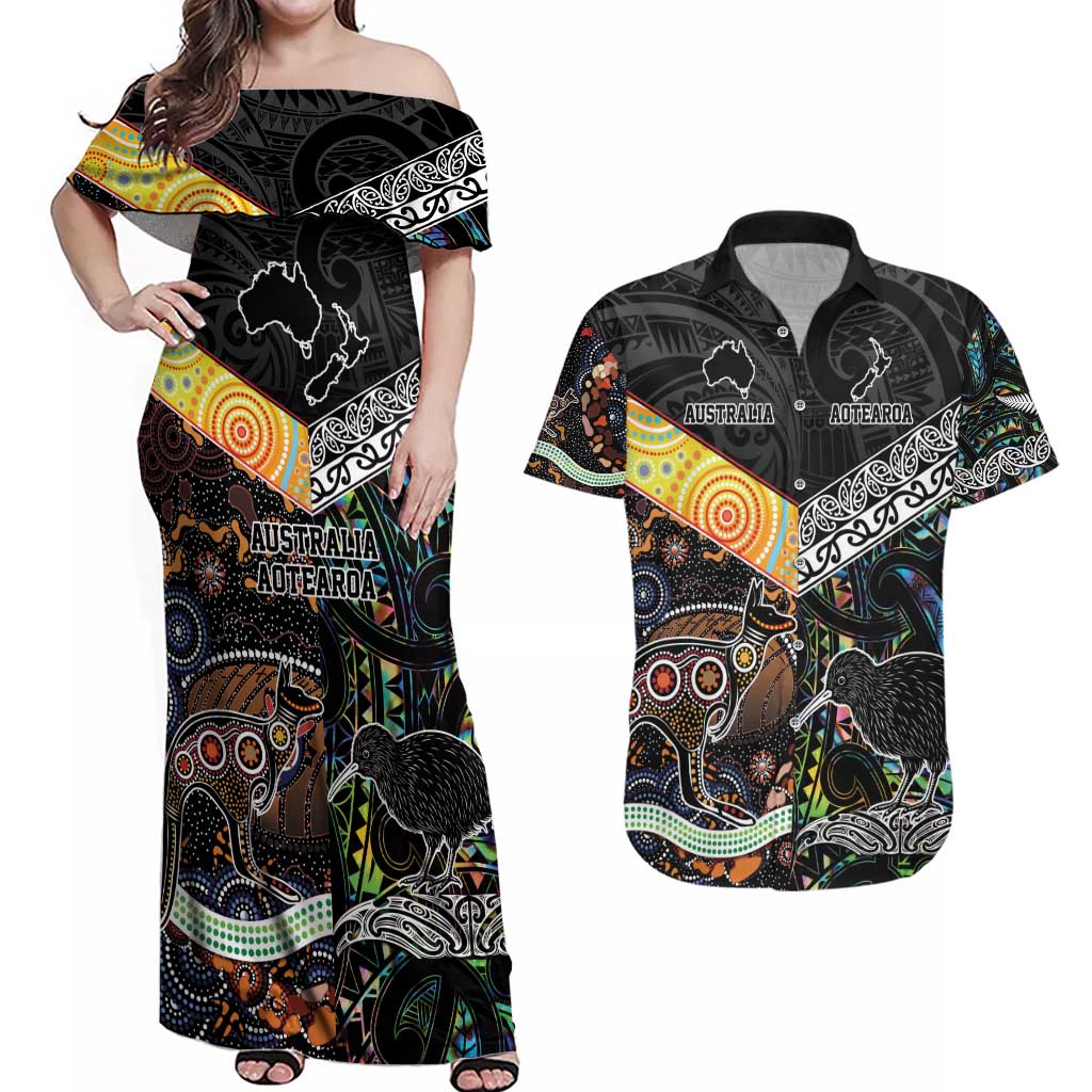 New Zealand and Australia Couples Matching Off Shoulder Maxi Dress and Hawaiian Shirt Maori Mix Aboriginal Art Style