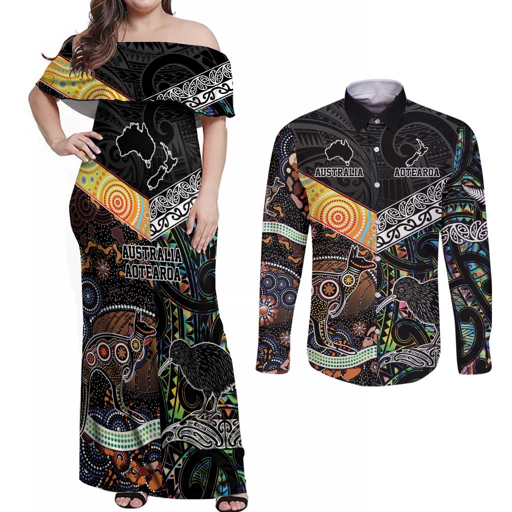 New Zealand and Australia Couples Matching Off Shoulder Maxi Dress and Long Sleeve Button Shirt Maori Mix Aboriginal Art Style