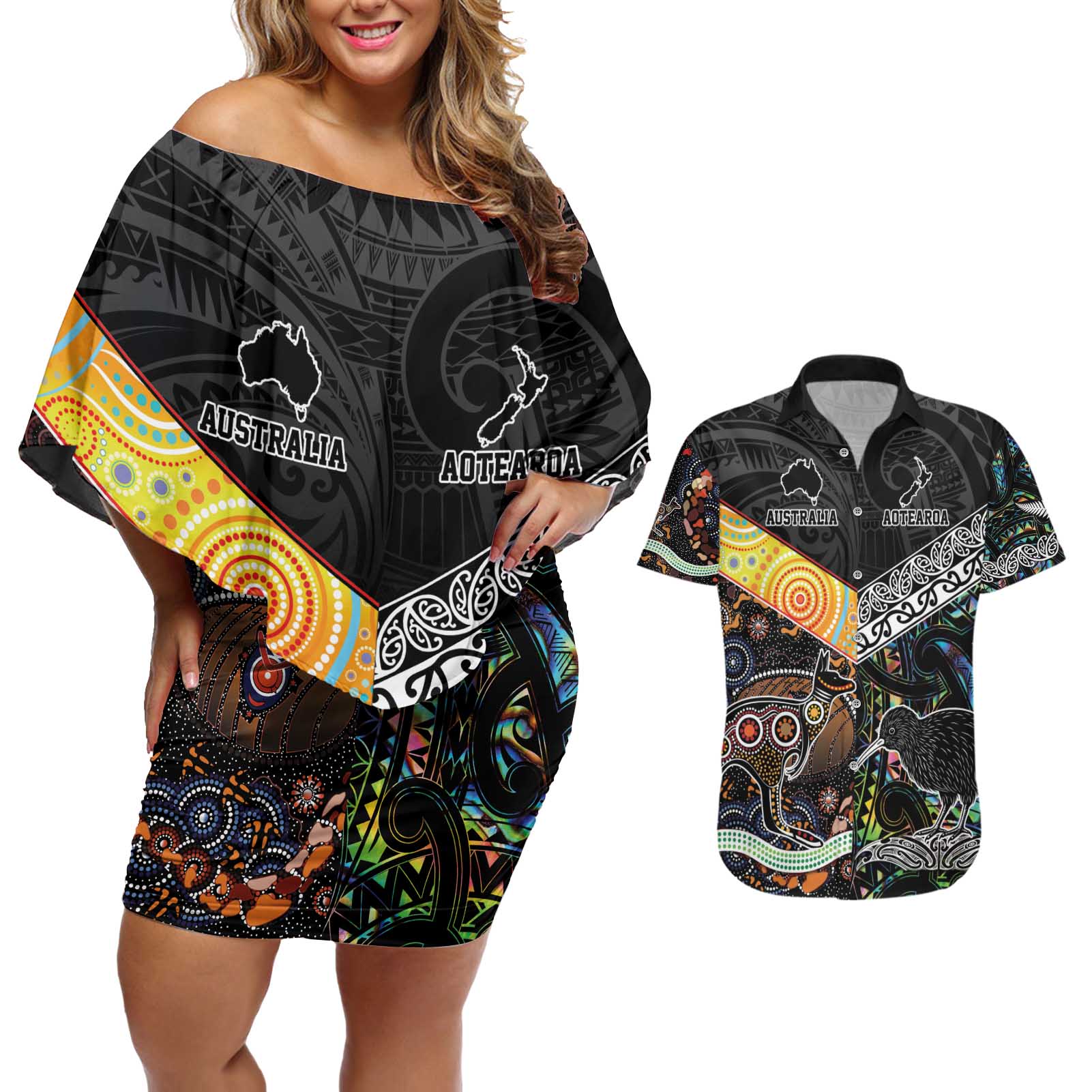 New Zealand and Australia Couples Matching Off Shoulder Short Dress and Hawaiian Shirt Maori Mix Aboriginal Art Style