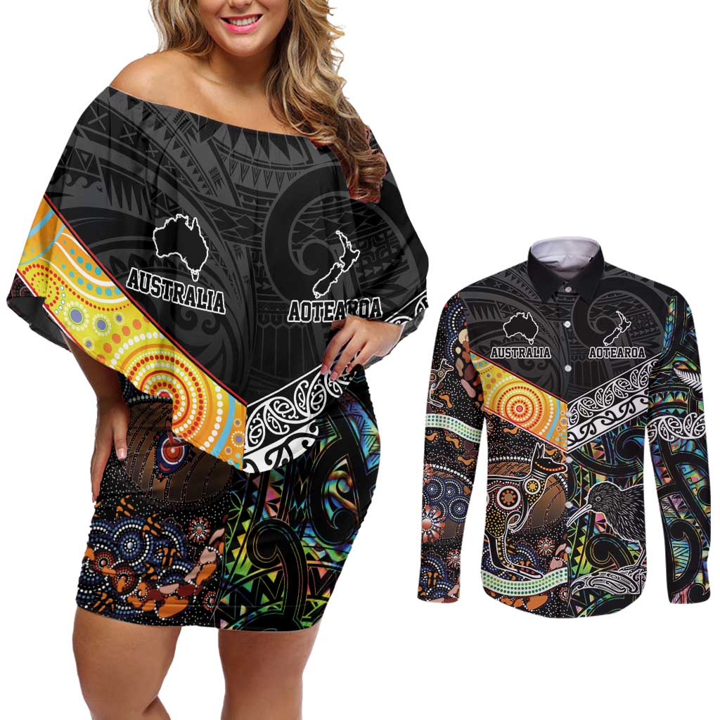 Personalised New Zealand and Australia Couples Matching Off Shoulder Short Dress and Long Sleeve Button Shirt Maori Mix Aboriginal Art Style LT9 Black - Polynesian Pride
