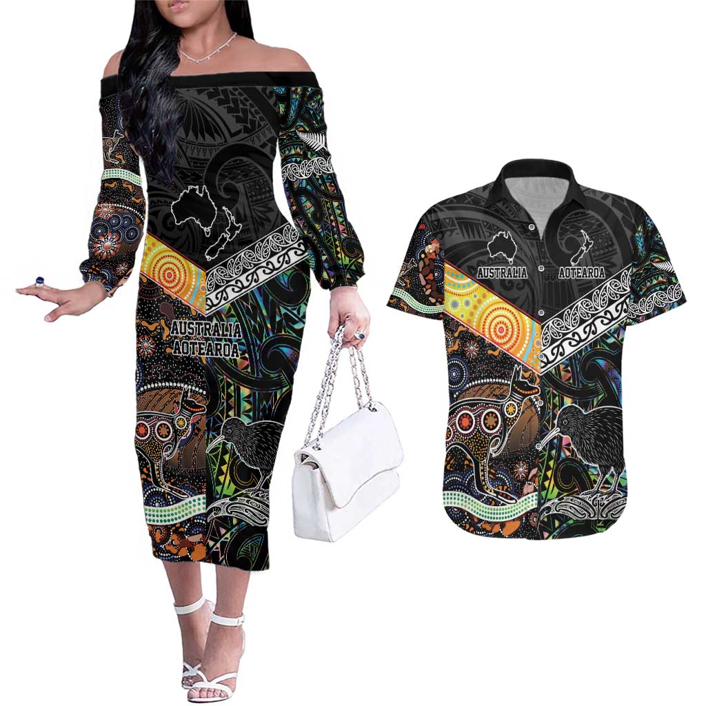 New Zealand and Australia Couples Matching Off The Shoulder Long Sleeve Dress and Hawaiian Shirt Maori Mix Aboriginal Art Style