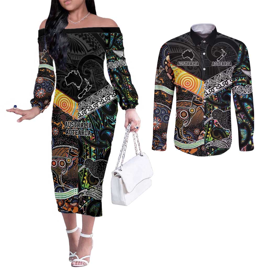 New Zealand and Australia Couples Matching Off The Shoulder Long Sleeve Dress and Long Sleeve Button Shirt Maori Mix Aboriginal Art Style