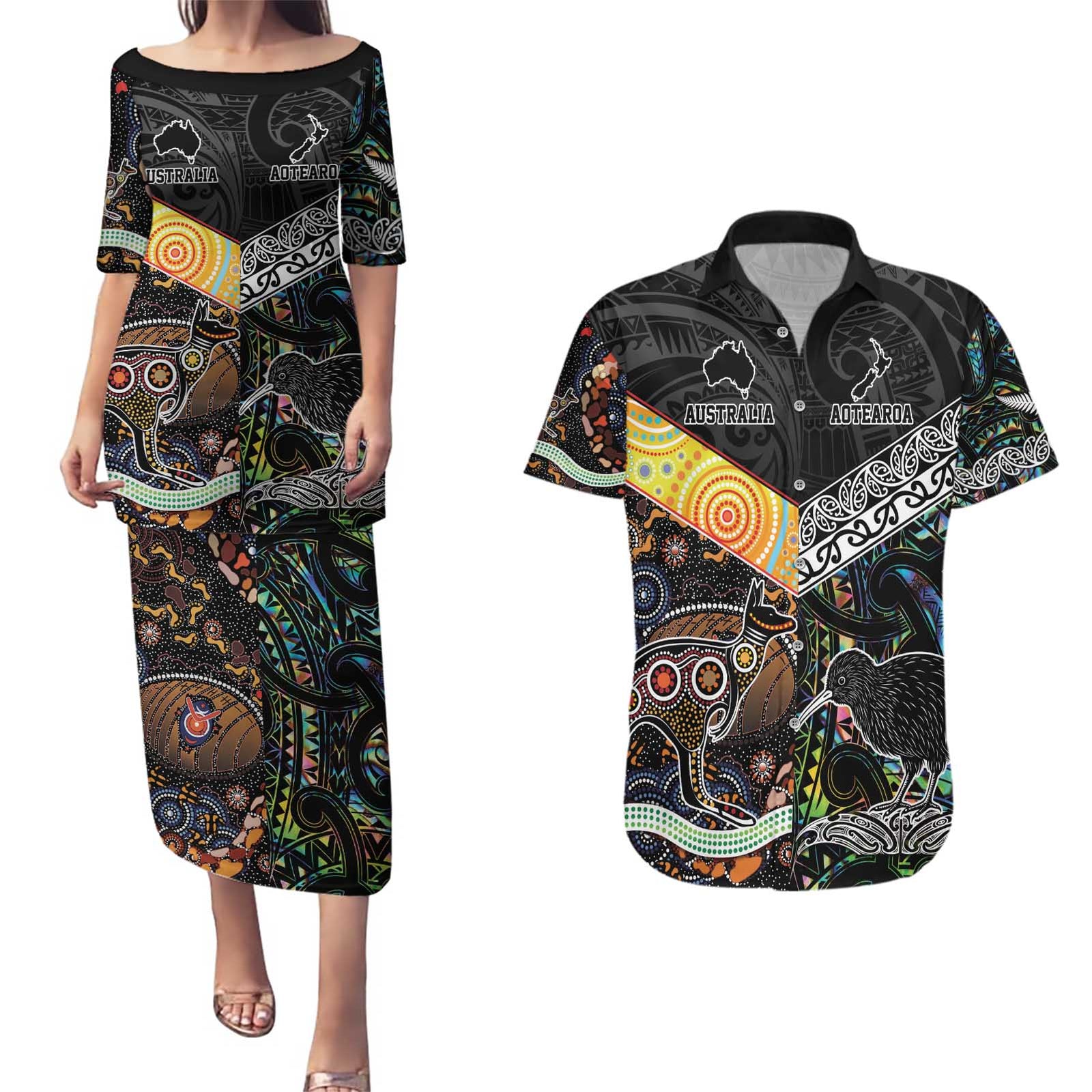 Personalised New Zealand and Australia Couples Matching Puletasi and Hawaiian Shirt Maori Mix Aboriginal Art Style LT9 Black - Polynesian Pride