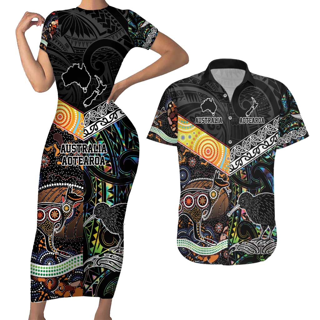 Personalised New Zealand and Australia Couples Matching Short Sleeve Bodycon Dress and Hawaiian Shirt Maori Mix Aboriginal Art Style LT9 Black - Polynesian Pride