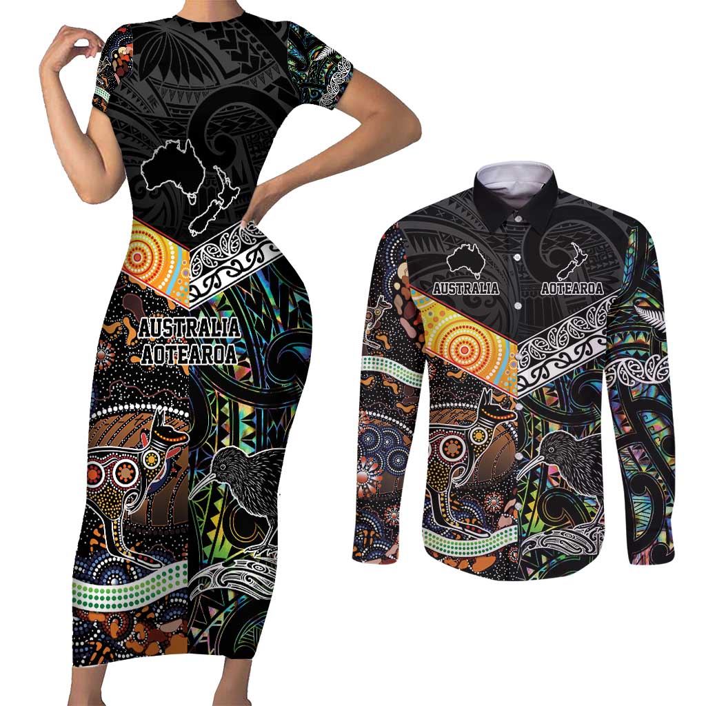 Personalised New Zealand and Australia Couples Matching Short Sleeve Bodycon Dress and Long Sleeve Button Shirt Maori Mix Aboriginal Art Style LT9 Black - Polynesian Pride
