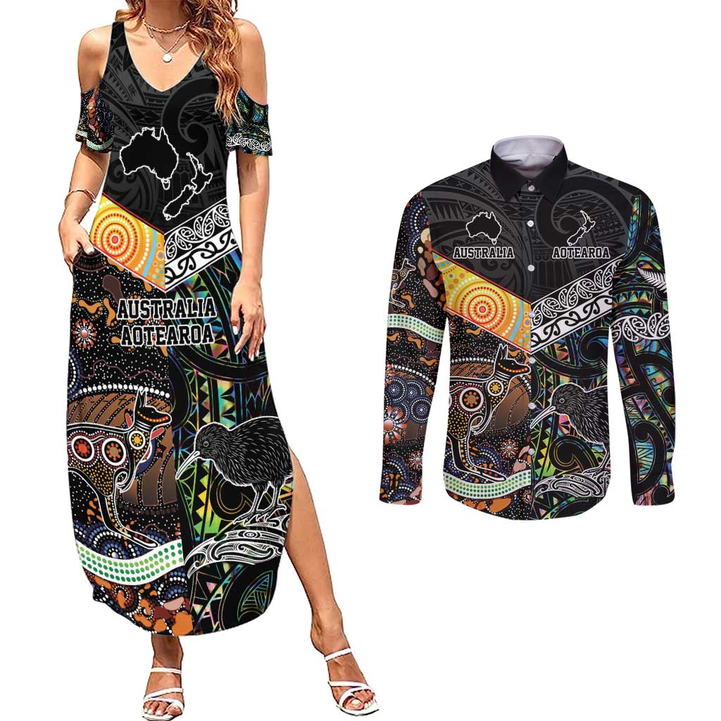 Personalised New Zealand and Australia Couples Matching Summer Maxi Dress and Long Sleeve Button Shirt Maori Mix Aboriginal Art Style LT9 Black - Polynesian Pride