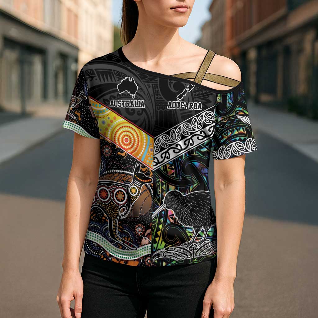 Australia New Zealand Personalised Cross Shoulder Shirt Maori Aboriginal Art Style - Polynesian Pride