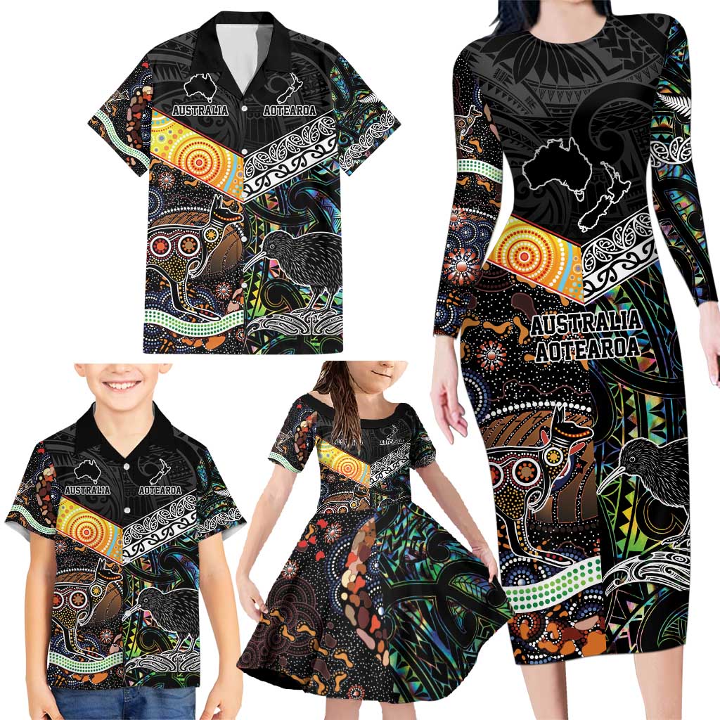 Personalised New Zealand and Australia Family Matching Long Sleeve Bodycon Dress and Hawaiian Shirt Maori Mix Aboriginal Art Style LT9 - Polynesian Pride