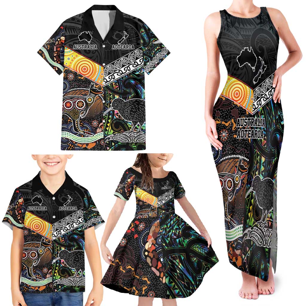 New Zealand and Australia Family Matching Tank Maxi Dress and Hawaiian Shirt Maori Mix Aboriginal Art Style