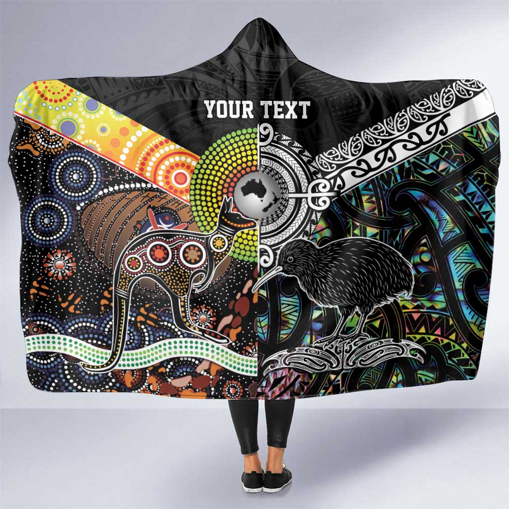 Personalised New Zealand and Australia Hooded Blanket Maori Mix Aboriginal Art Style LT9 One Size Black - Polynesian Pride