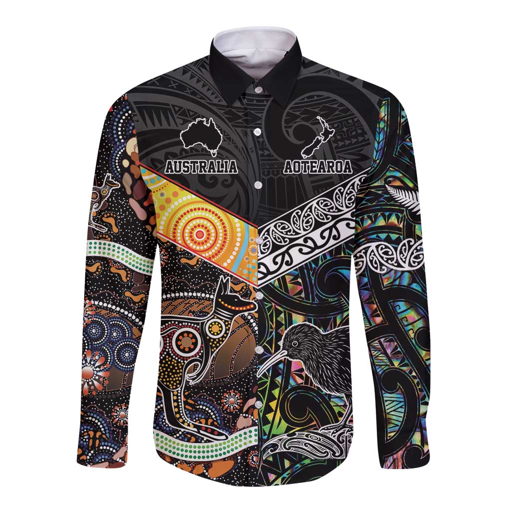 New Zealand and Australia Long Sleeve Button Shirt Maori Mix Aboriginal Art Style