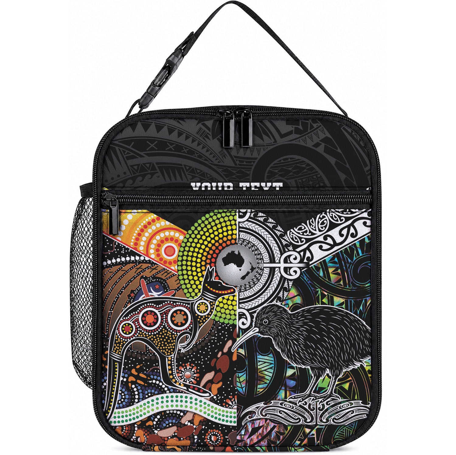 Personalised New Zealand and Australia Lunch Bag Maori Mix Aboriginal Art Style LT9 10.2 × 8.3 × 4.3 inch Black - Polynesian Pride