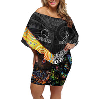 Personalised New Zealand and Australia Off Shoulder Short Dress Maori Mix Aboriginal Art Style LT9 Women Black - Polynesian Pride