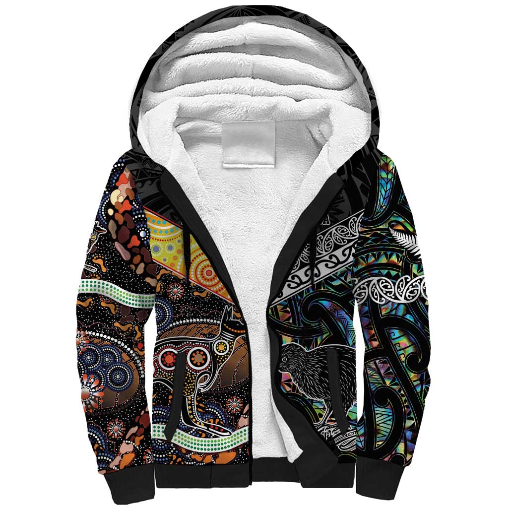 Personalised New Zealand and Australia Sherpa Hoodie Maori Mix Aboriginal Art Style LT9 Unisex Black - Polynesian Pride
