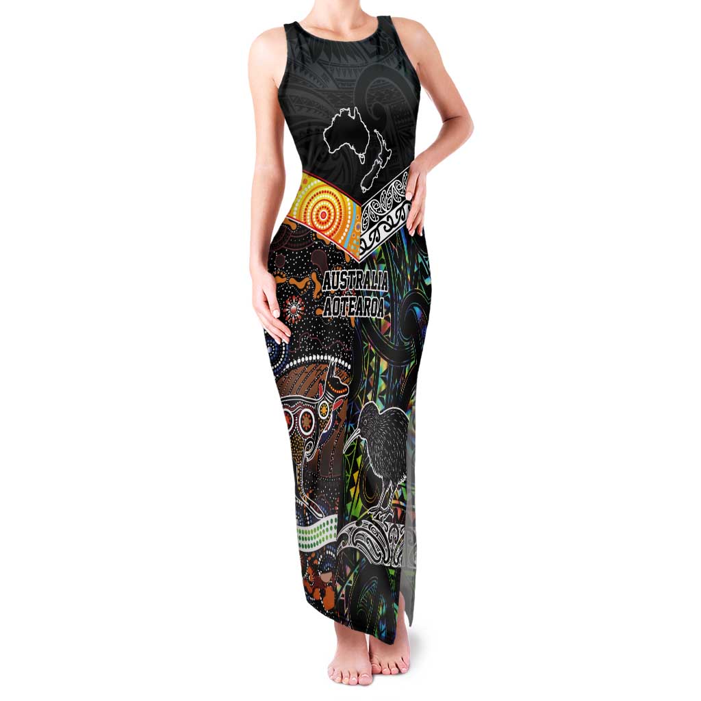 Personalised New Zealand and Australia Tank Maxi Dress Maori Mix Aboriginal Art Style LT9 Women Black - Polynesian Pride