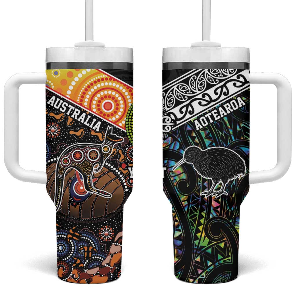 Personalised New Zealand and Australia Tumbler With Handle Maori Mix Aboriginal Art Style LT9 One Size: 40 oz Black - Polynesian Pride