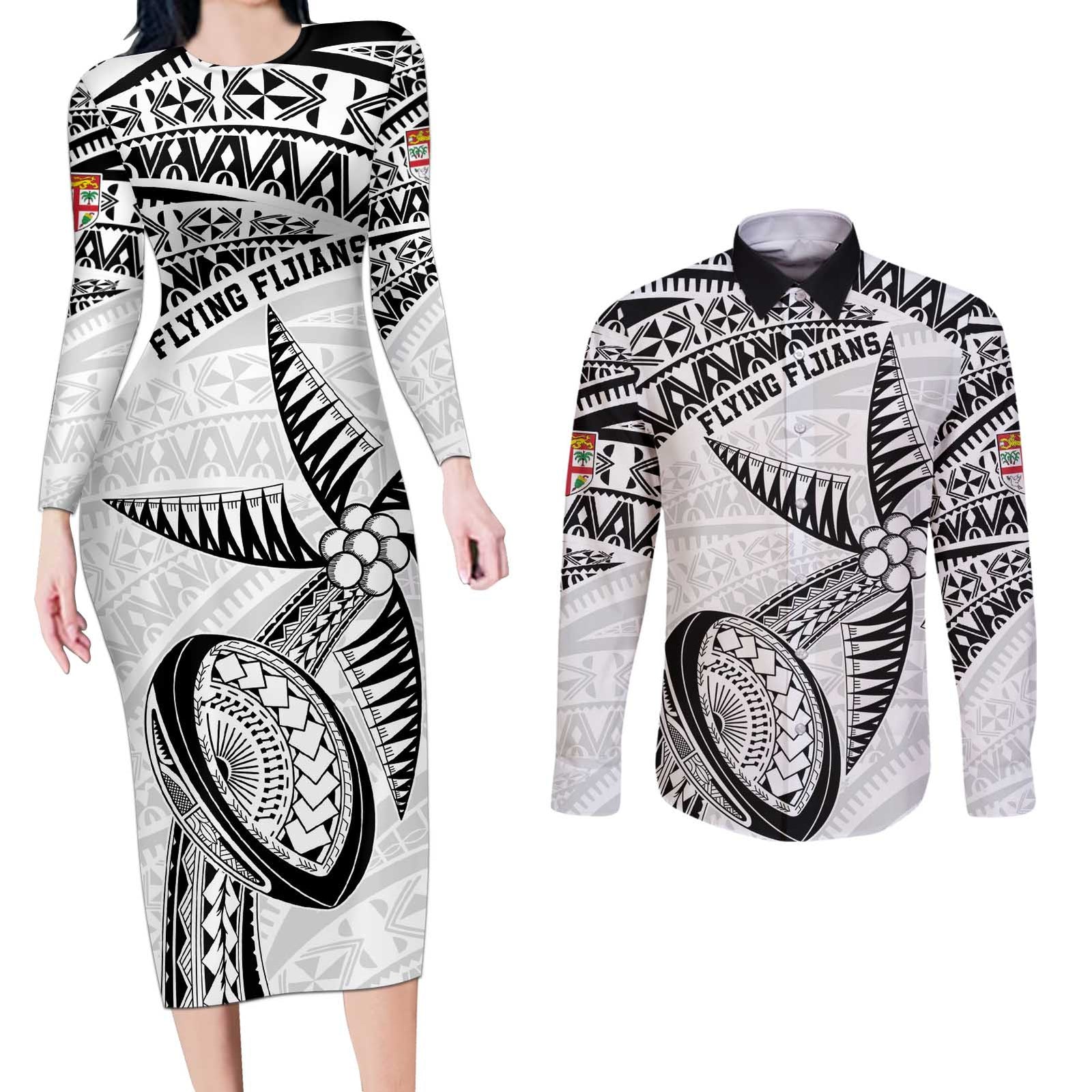 Custom Fiji Rugby Pacific Couples Matching Long Sleeve Bodycon Dress and Long Sleeve Button Shirt Polynesian Palm Tattoo LT9 White - Polynesian Pride