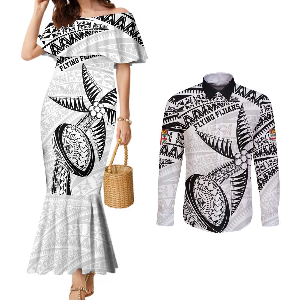 Custom Fiji Rugby Pacific Couples Matching Mermaid Dress and Long Sleeve Button Shirt Polynesian Palm Tattoo LT9 White - Polynesian Pride