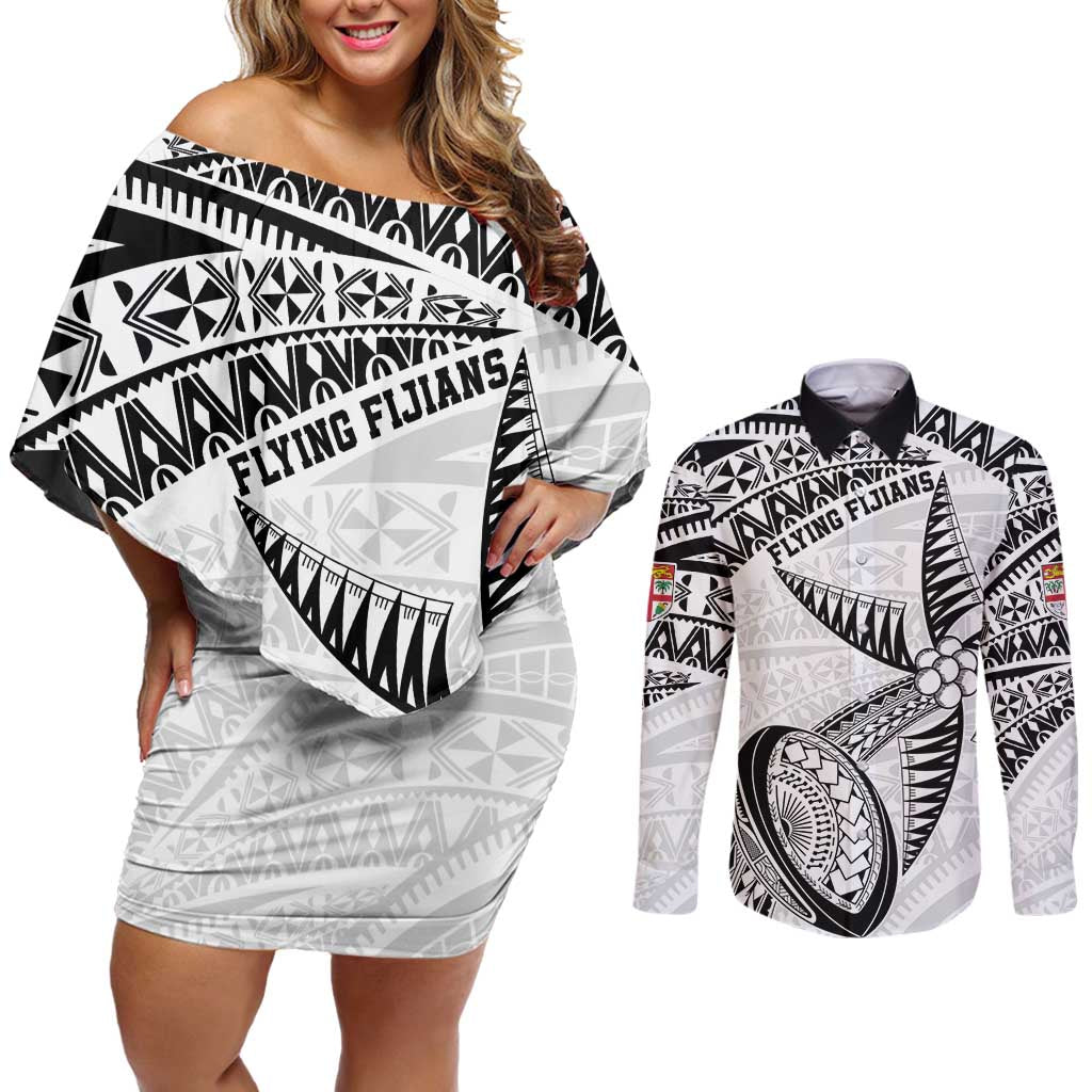 Custom Fiji Rugby Pacific Couples Matching Off Shoulder Short Dress and Long Sleeve Button Shirt Polynesian Palm Tattoo