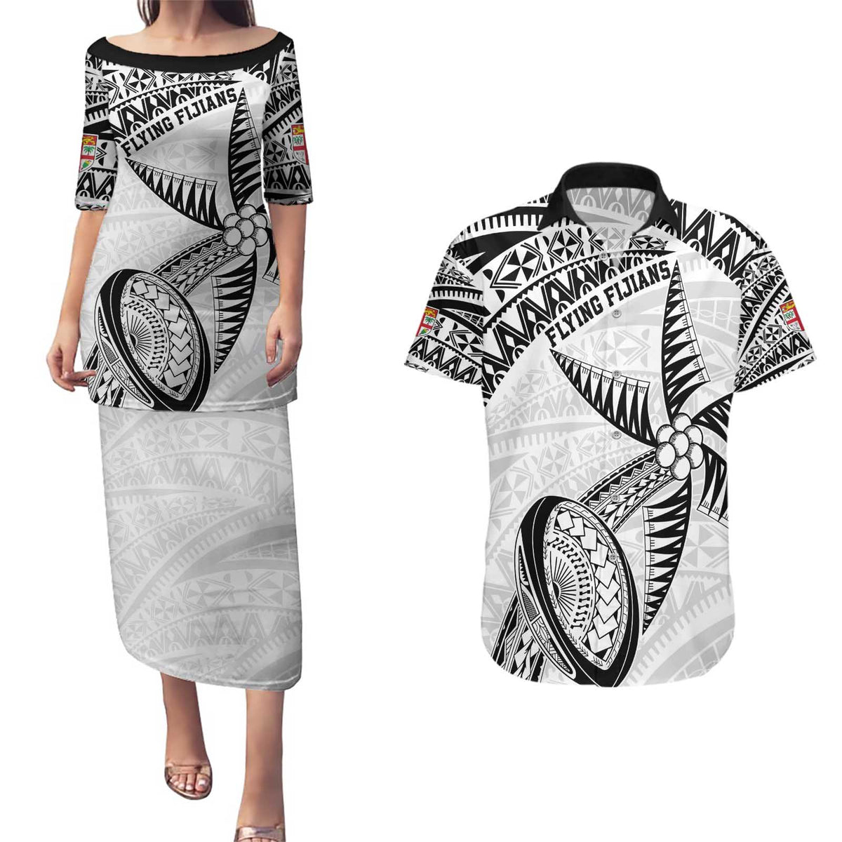 Custom Fiji Rugby Pacific Couples Matching Puletasi and Hawaiian Shirt Polynesian Palm Tattoo LT9 White - Polynesian Pride