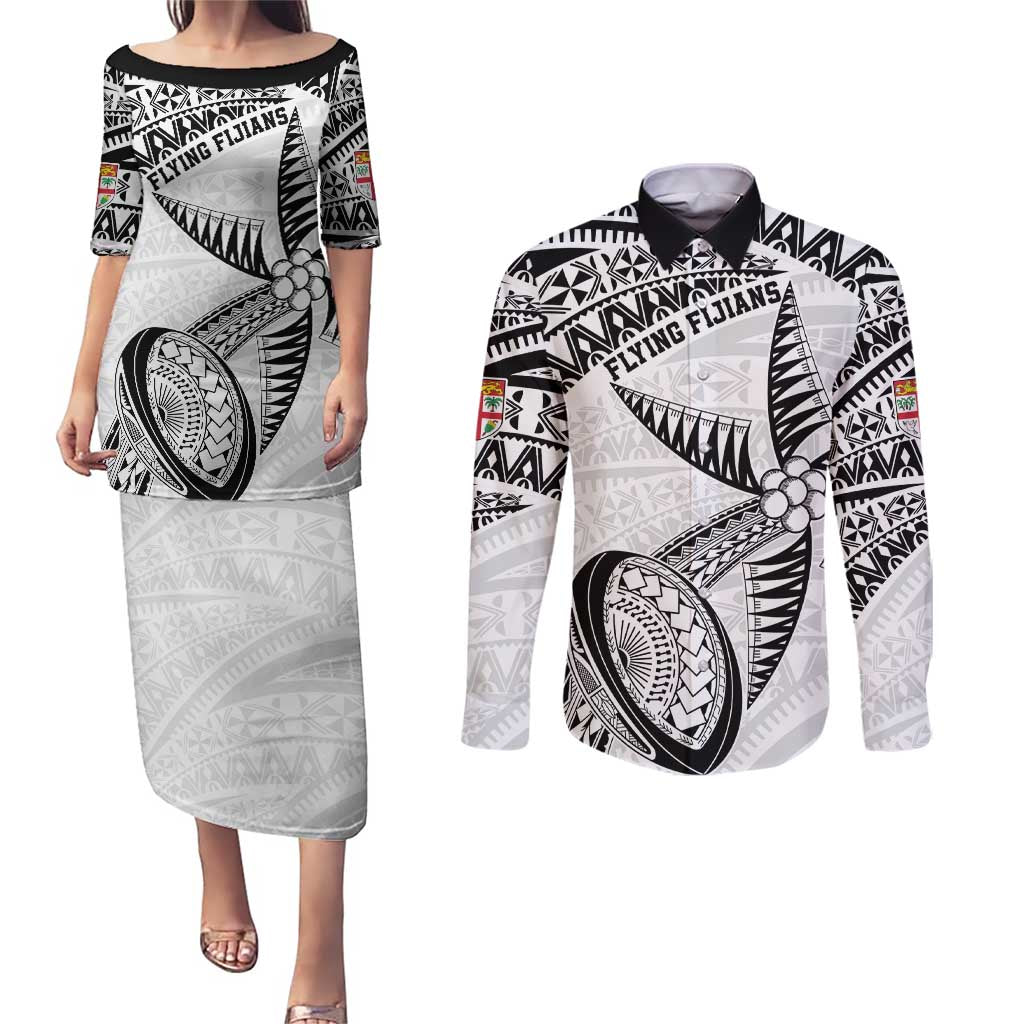 Custom Fiji Rugby Pacific Couples Matching Puletasi and Long Sleeve Button Shirt Polynesian Palm Tattoo