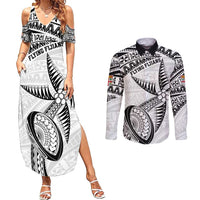 Custom Fiji Rugby Pacific Couples Matching Summer Maxi Dress and Long Sleeve Button Shirt Polynesian Palm Tattoo LT9 White - Polynesian Pride