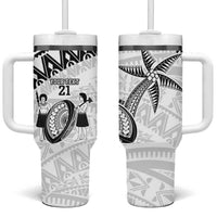 Custom Fiji Rugby Pacific Tumbler With Handle Polynesian Palm Tattoo LT9 One Size: 40 oz White - Polynesian Pride