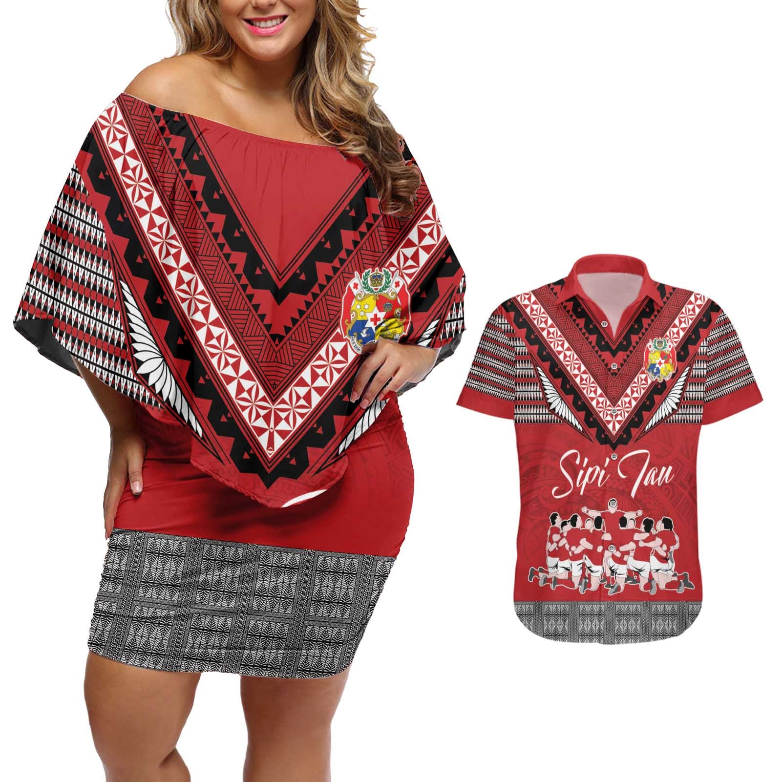 Personalised Tonga Rugby Pacific Couples Matching Off Shoulder Short Dress and Hawaiian Shirt Ikale Tahi Sipi Tau