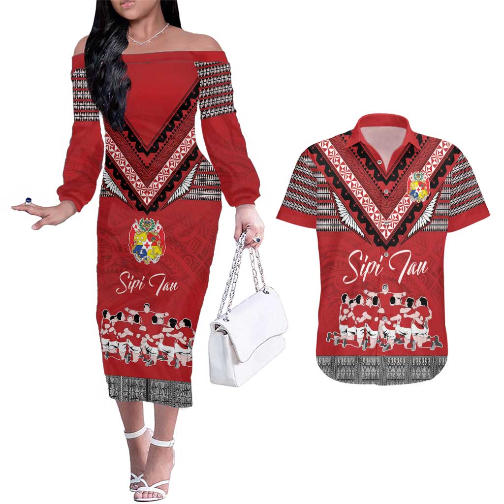 Personalised Tonga Rugby Pacific Couples Matching Off The Shoulder Long Sleeve Dress and Hawaiian Shirt Ikale Tahi Sipi Tau