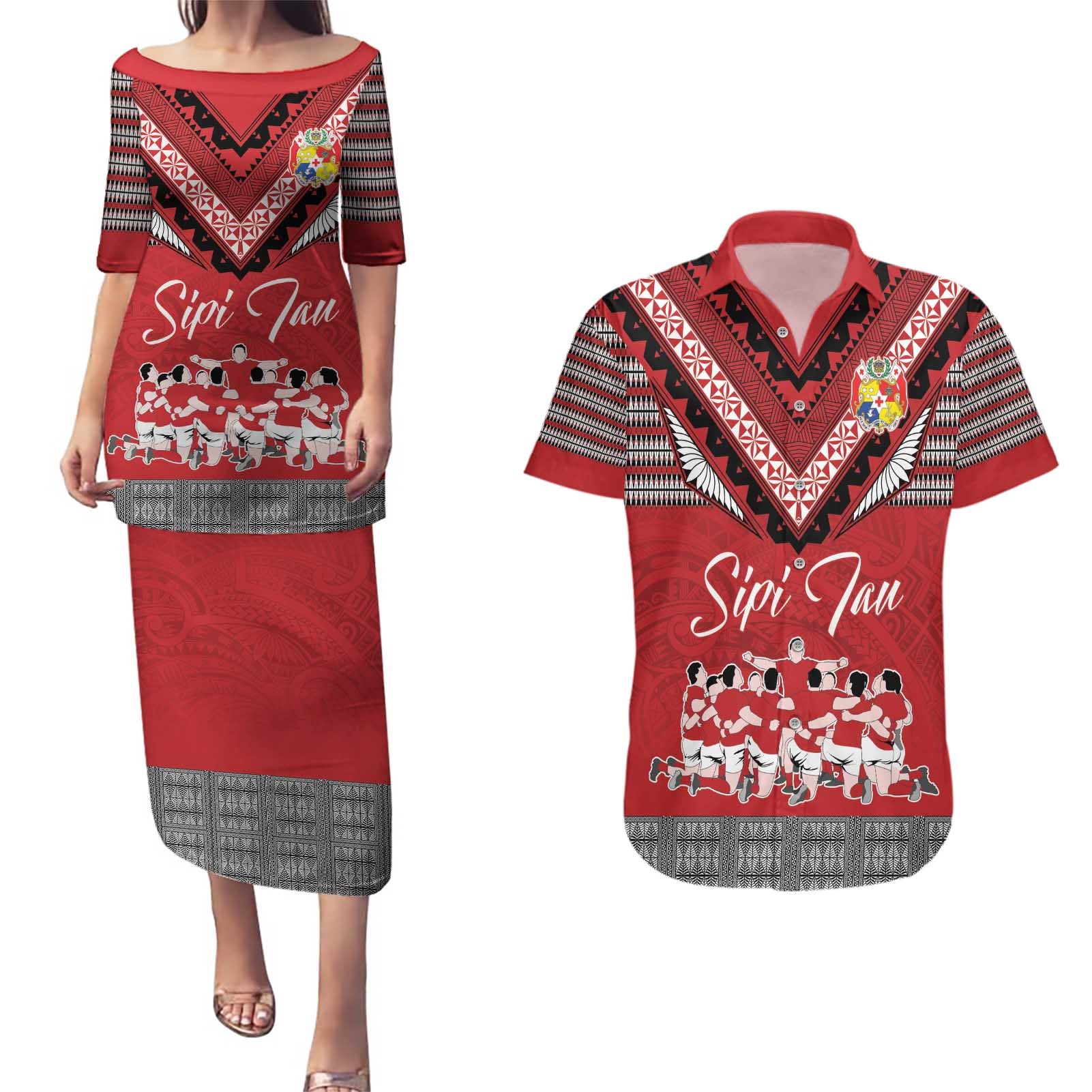 Personalised Tonga Rugby Pacific Couples Matching Puletasi and Hawaiian Shirt Ikale Tahi Sipi Tau