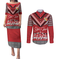 Personalised Tonga Rugby Pacific Couples Matching Puletasi and Long Sleeve Button Shirt Ikale Tahi Sipi Tau LT9 Red - Polynesian Pride
