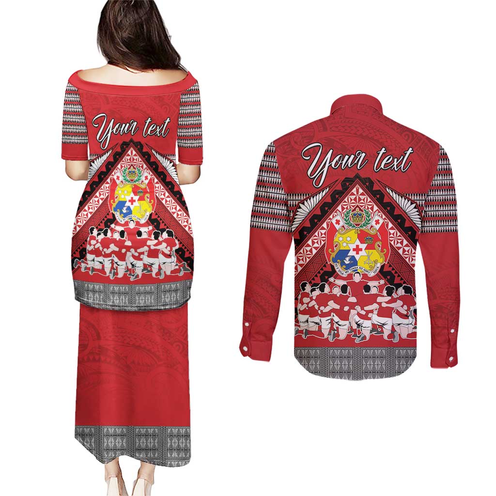 Personalised Tonga Rugby Pacific Couples Matching Puletasi and Long Sleeve Button Shirt Ikale Tahi Sipi Tau LT9 - Polynesian Pride