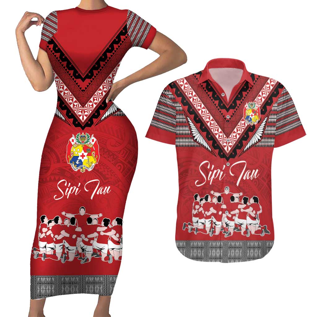 Personalised Tonga Rugby Pacific Couples Matching Short Sleeve Bodycon Dress and Hawaiian Shirt Ikale Tahi Sipi Tau