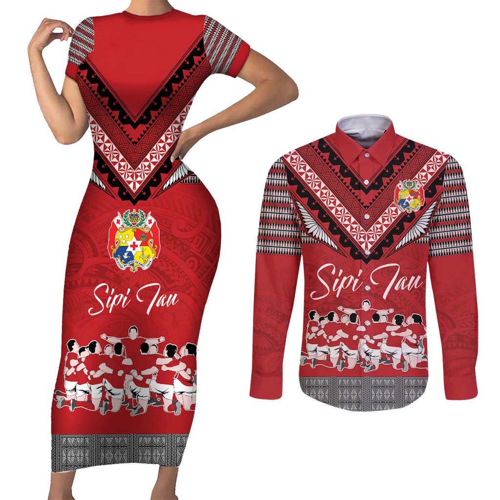 Personalised Tonga Rugby Pacific Couples Matching Short Sleeve Bodycon Dress and Long Sleeve Button Shirt Ikale Tahi Sipi Tau LT9 Red - Polynesian Pride