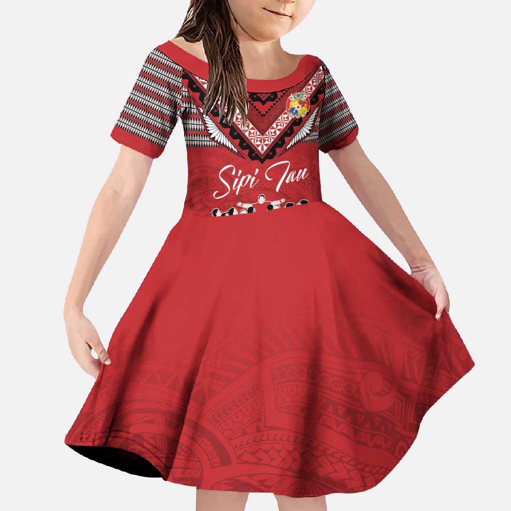 Personalised Tonga Rugby Pacific Family Matching Short Sleeve Bodycon Dress and Hawaiian Shirt Ikale Tahi Sipi Tau LT9 Daughter's Dress Red - Polynesian Pride
