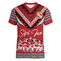 Personalised Tonga Rugby Pacific Women V-Neck T-Shirt Ikale Tahi Sipi Tau LT9 Female Red - Polynesian Pride