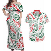 New Zealand Kowhaiwhai Christmas Couples Matching Off Shoulder Maxi Dress and Hawaiian Shirt Traditional Maori Koru Pattern - Polynesian Pride