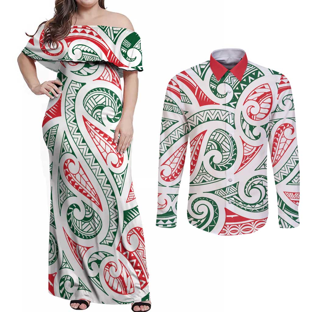 New Zealand Kowhaiwhai Christmas Couples Matching Off Shoulder Maxi Dress and Long Sleeve Button Shirt Traditional Maori Koru Pattern - Polynesian Pride