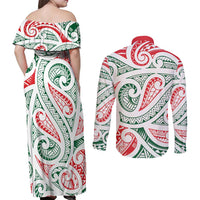 New Zealand Kowhaiwhai Christmas Couples Matching Off Shoulder Maxi Dress and Long Sleeve Button Shirt Traditional Maori Koru Pattern - Polynesian Pride