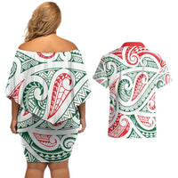 New Zealand Kowhaiwhai Christmas Couples Matching Off Shoulder Short Dress and Hawaiian Shirt Traditional Maori Koru Pattern - Polynesian Pride