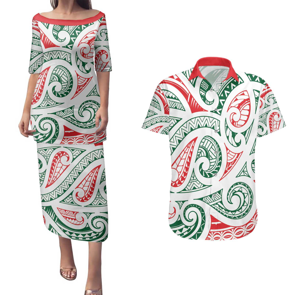 New Zealand Kowhaiwhai Christmas Couples Matching Puletasi and Hawaiian Shirt Traditional Maori Koru Pattern - Polynesian Pride