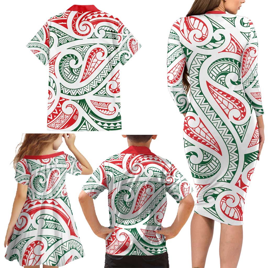 New Zealand Kowhaiwhai Christmas Family Matching Long Sleeve Bodycon Dress and Hawaiian Shirt Traditional Maori Koru Pattern - Polynesian Pride